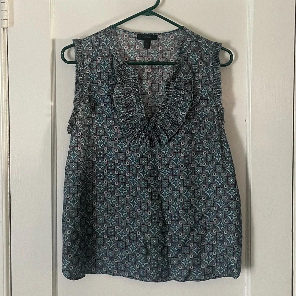 J. Crew Silk Margo Medallion Ruffle V-Neck Tank Top Blouse Size 6